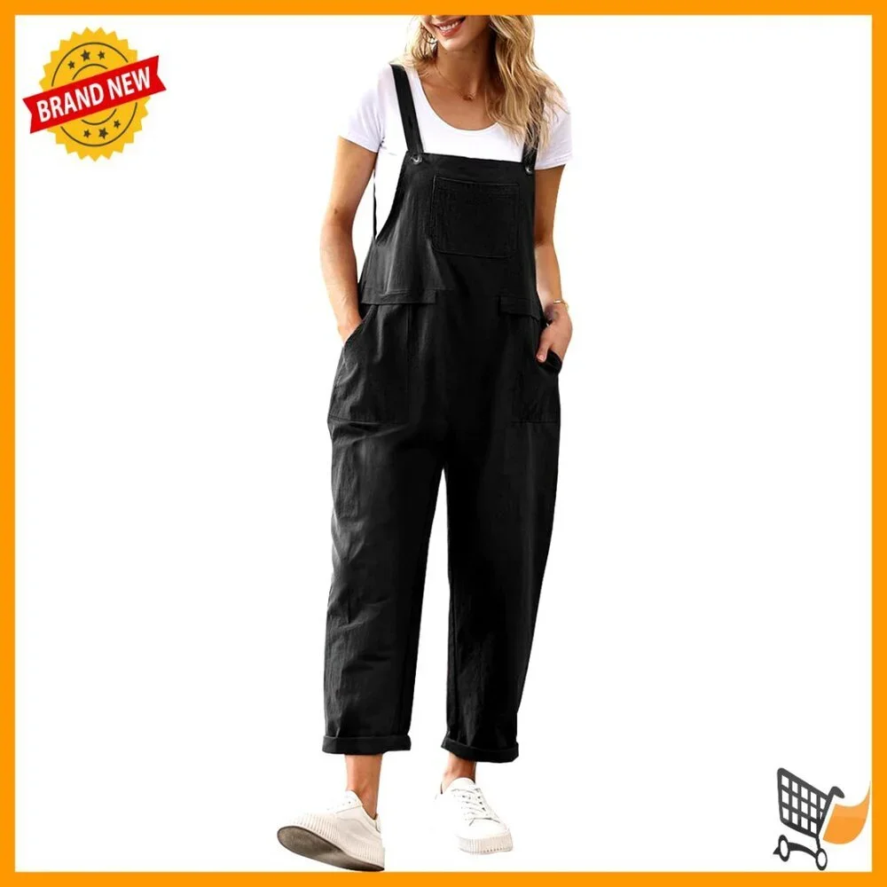 Loose Fit Cotton Overalls with Pockets, Adjustable Straps, Wide Leg - Picture 1 of 6